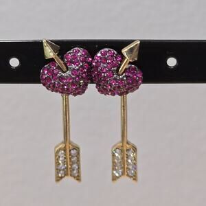 Betsey Johnson Gold Pink Pavé Hearts Arrows Jacket Pierced Earrings Valentine's